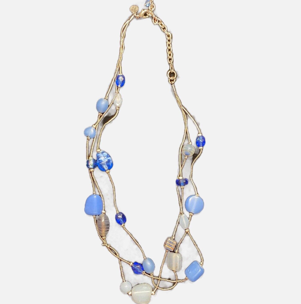 VJ Victoria Jousan Blue Beaded Necklace Long Silvertone Multistrand Glass Beads